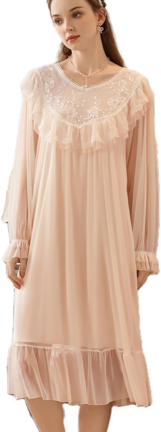 HEARTTOUCH Women's Victorian Nightgown Mesh Long Sleeve Nightdress Sheer Sleepwear Lace Nightwear Sleep Dress Loungewear