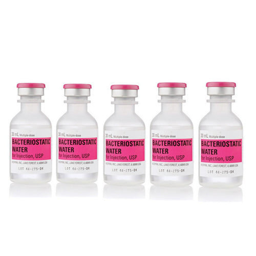 Five Henry Schein 30ml Bacteriostatic Water for Injection vials (5 Pack) are arranged in a row, each labeled and capped, against a white background. Price: $87.54 per 25 pack. Expiry: 2/17/2026.