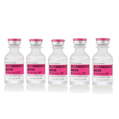 Five Henry Schein 30ml Bacteriostatic Water for Injection vials (5 Pack) are arranged in a row, each labeled and capped, against a white background. Price: $87.54 per 25 pack. Expiry: 2/17/2026.