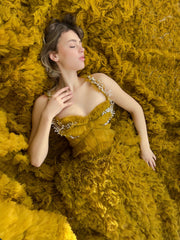 Gold A-Line dress with ruffles, embroidery and spaghetti straps