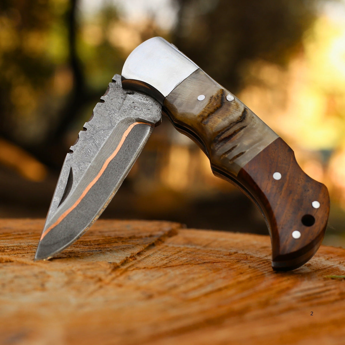 Handmade Copper Damascus Folding Knife With Rose Wood and Ram Horn Handle , Personalized Gift for Him , Anniversary Gift Knife , Groomsman Gift Knife , EDC ,Outdoor