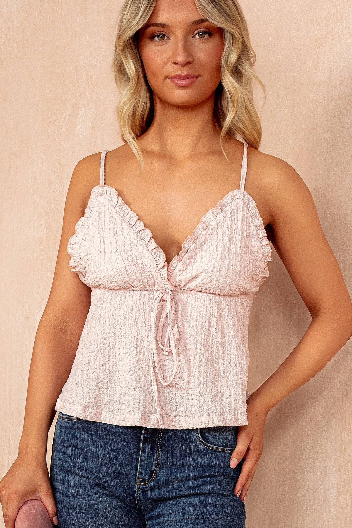 Sutton Pink Textured Frill Cami Top