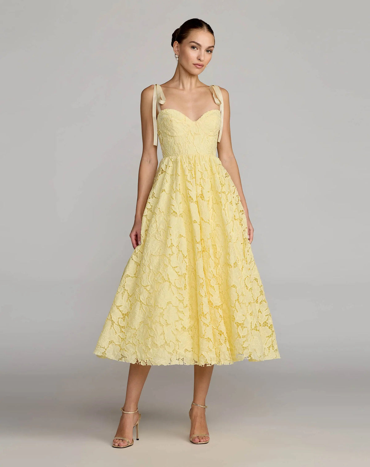 Yellow Lace Bow Strap Midi Dress Ieena for Mac Duggal
