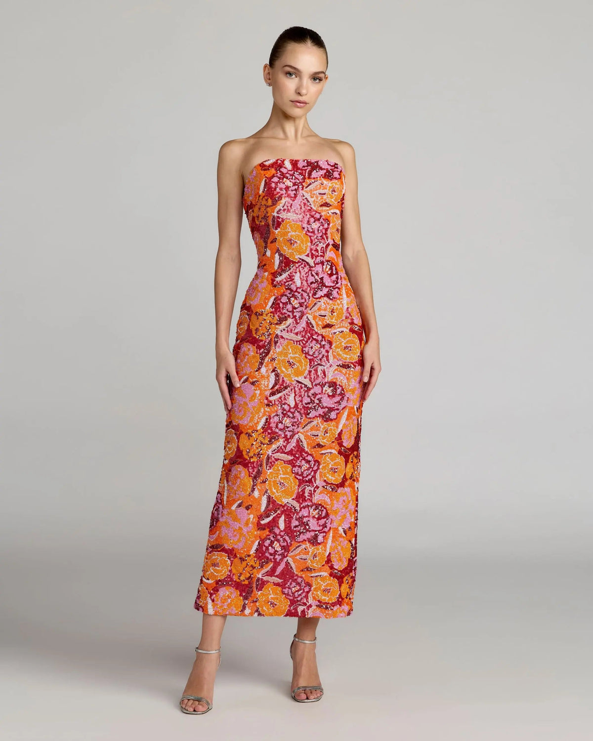 Pink and Orange Strapless Floral Sequin Midi Dress Ieena for Mac Duggal