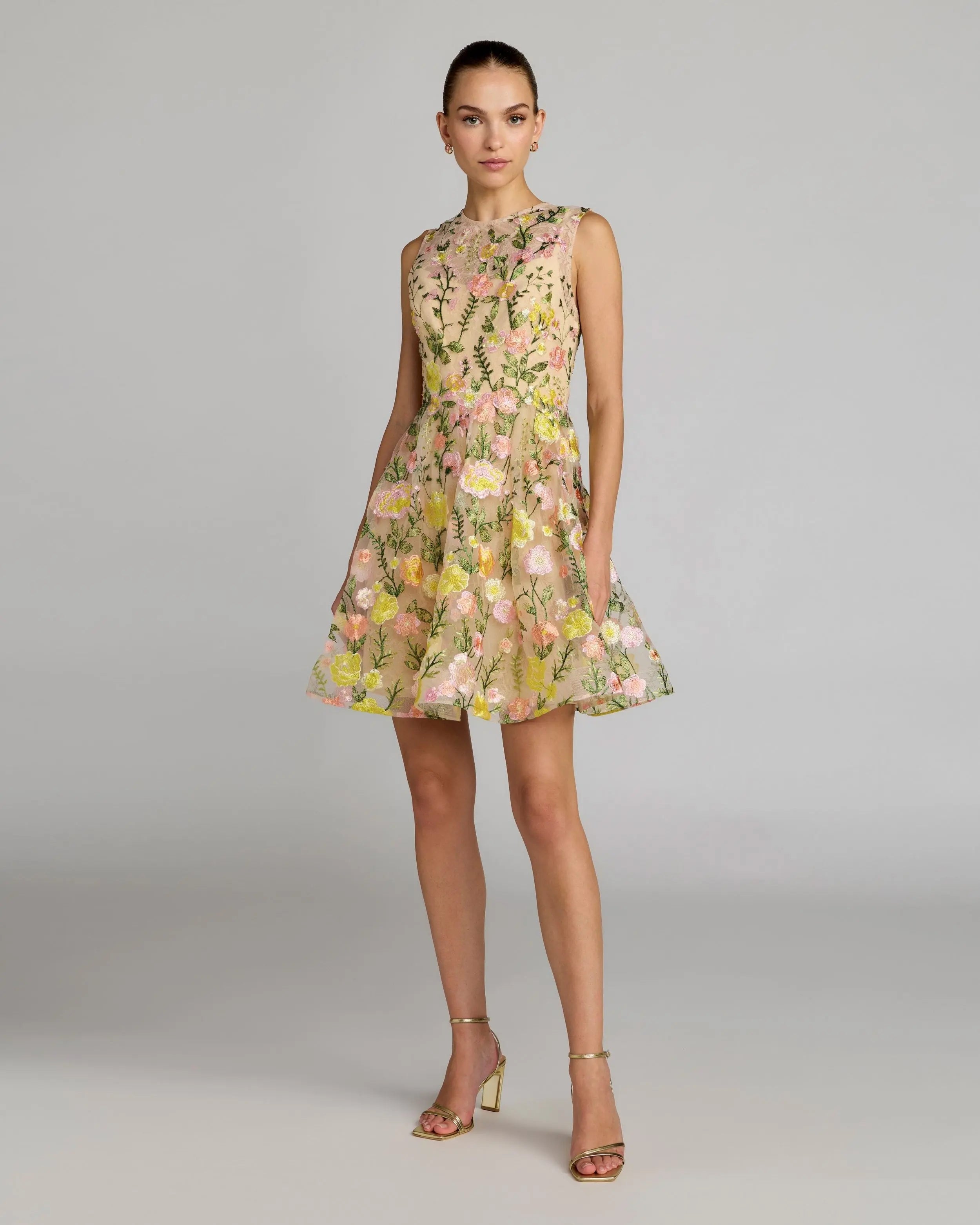 Yellow Floral Embroidered Sleeveless A-Line Mini Dress Mac Duggal