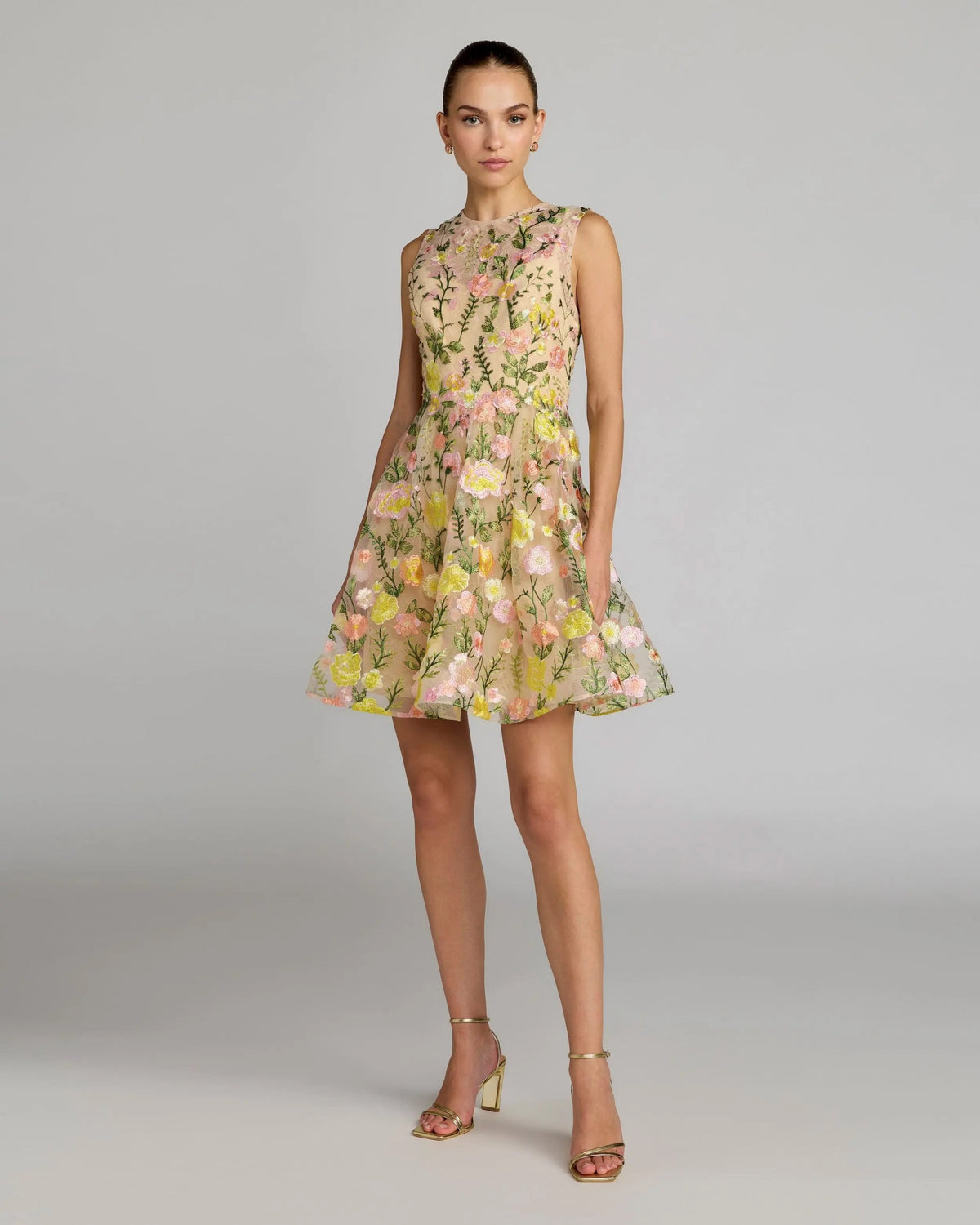 Yellow Floral Embroidered Sleeveless A-Line Mini Dress Mac Duggal