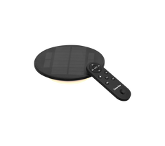 Schwarz solar LED-Licht mit runder Form und einer Fernbedienung für einstellbare Einstellungen.
