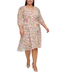 Tommy Hilfiger Plus Size Floral Chiffon 3/4-Sleeve Midi Dress MSRP $149