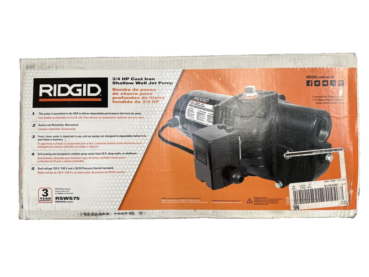 RIDGID 3/4 HP Cast Iron Shallow Well Jet Pump - RSWS75 -USED - UNTESTED