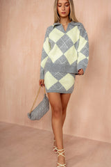 Kyra Grey and Yellow Knit Argyle Co Ord