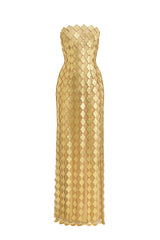 Gold long bodycon maxi dress by Phan Huy, featuring a fitted silhouette and elegant fabric, shown on a model.