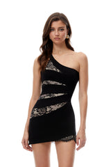 Delphine Black Asymmetrical Cut-out Lace Mini Dress