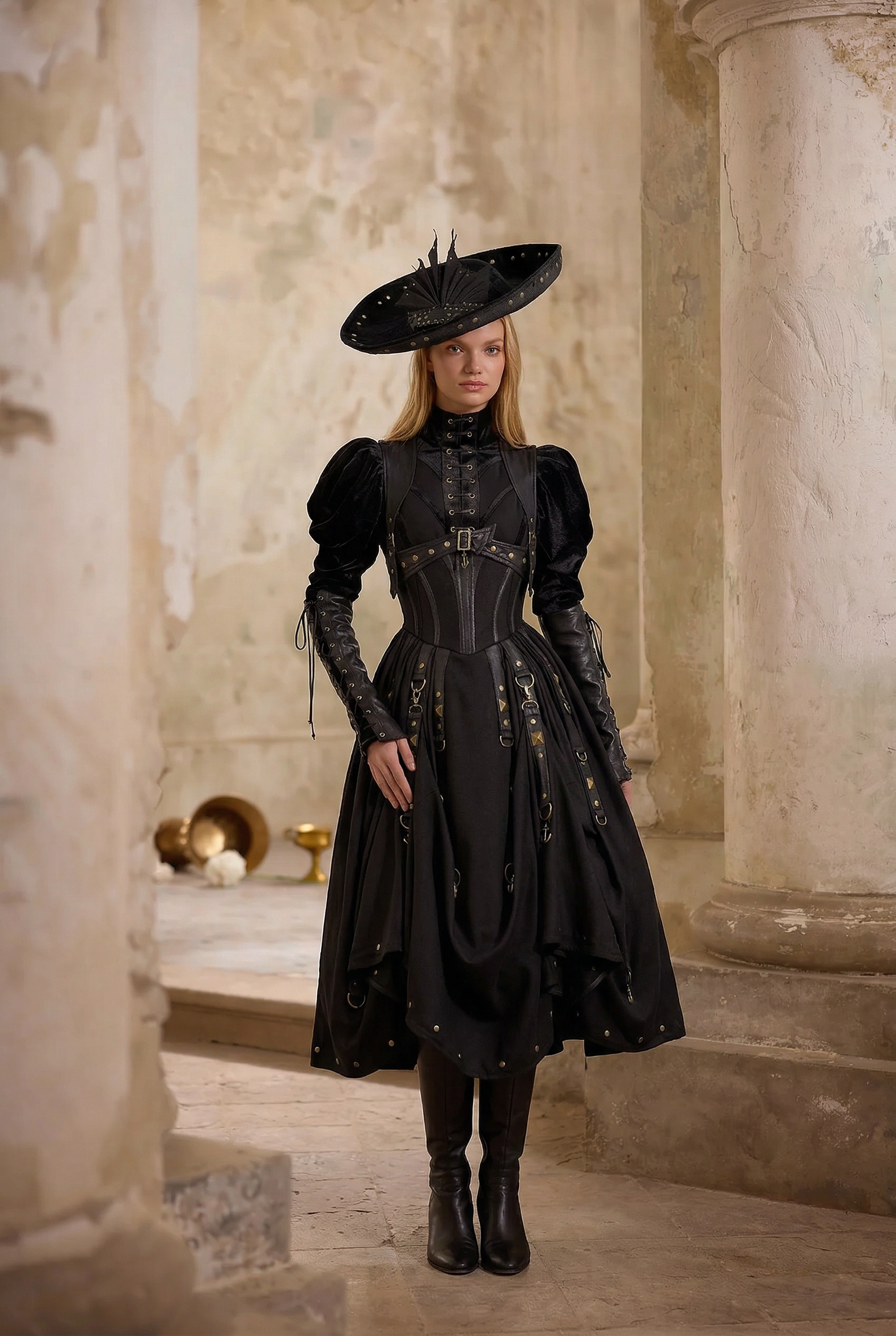 Gothic Lolita Black Ball Gown with puff sleeve - Gothic Corset Dress with Long Sleeve Blouse Plus Size