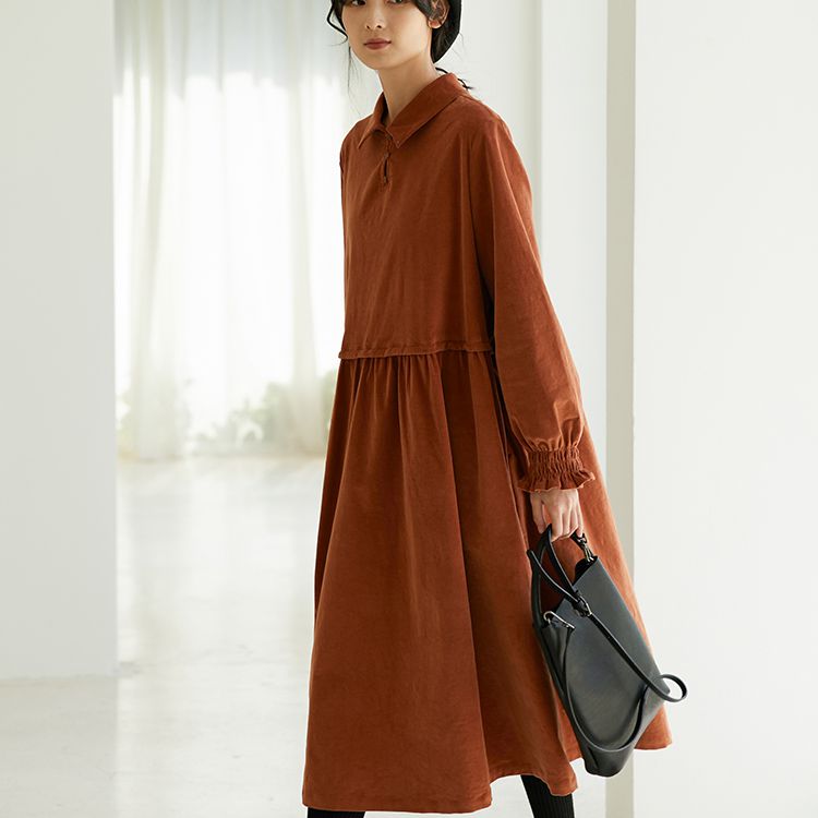 Corduroy Dress for Women, Ladies Winter Long Dress, Long Sleeve Thick Casual Dress