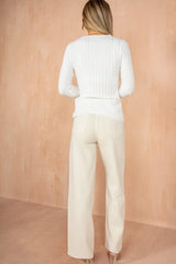 Idril White Ribbed Knit V Neck Top