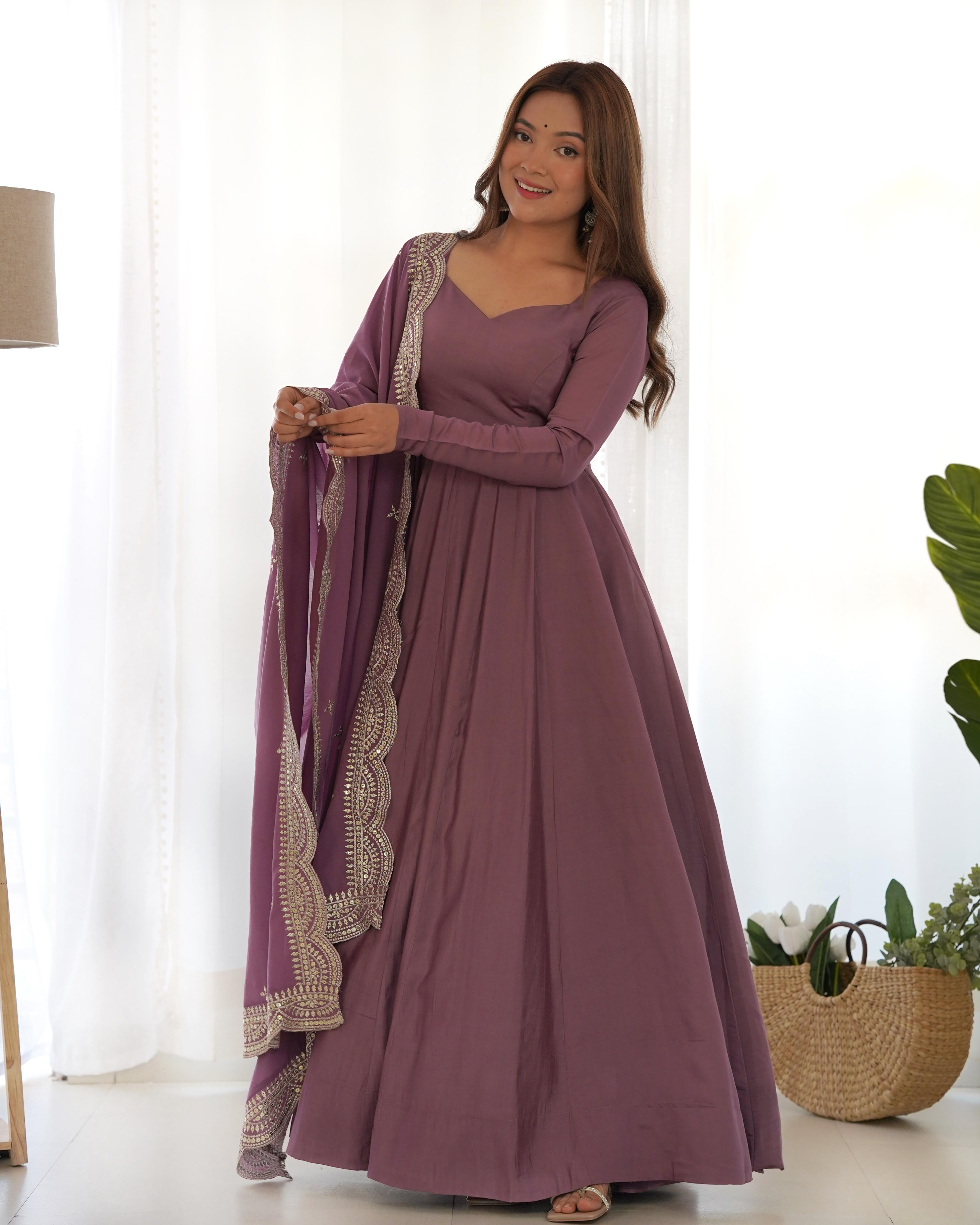 Long mauve color silk gown for women with sleeves