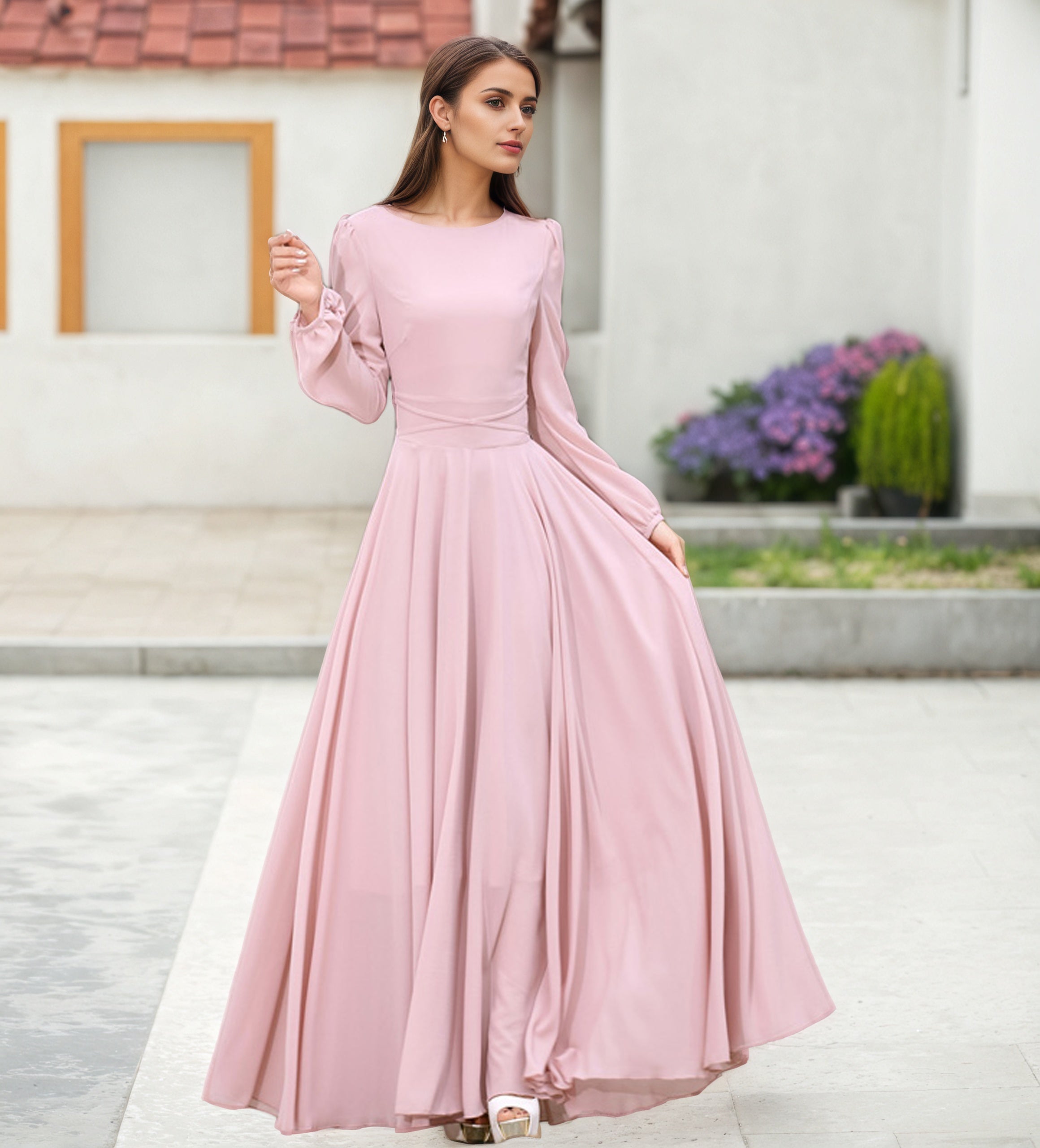 Pink Chiffon Maxi Dress - Long Sleeve Swing Silhouette 2623