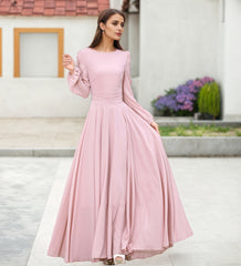 Pink Chiffon Maxi Dress - Long Sleeve Swing Silhouette 2623