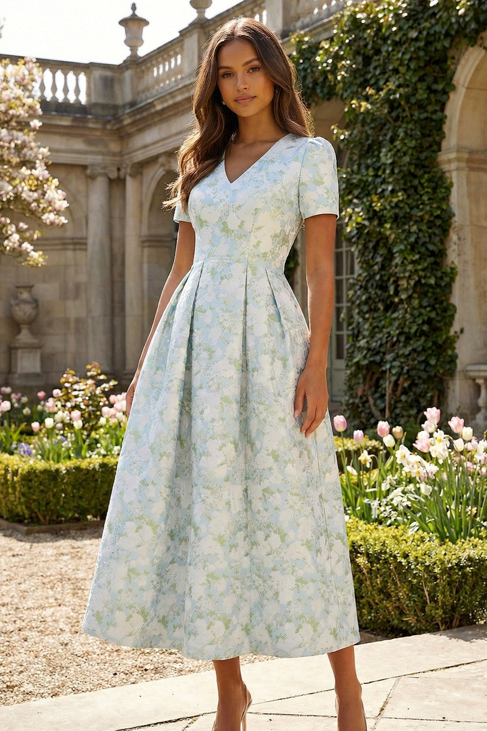 Blue White Flower A-Line Printed Short Sleeves Midi Dress