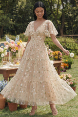 Yellow V-Neck Embroidered A-Line Tulle Floral Dress with Flutter Sleeves
