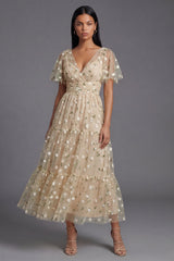 Yellow V-Neck Embroidered A-Line Tulle Floral Dress with Flutter Sleeves