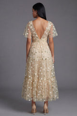 Yellow V-Neck Embroidered A-Line Tulle Floral Dress with Flutter Sleeves