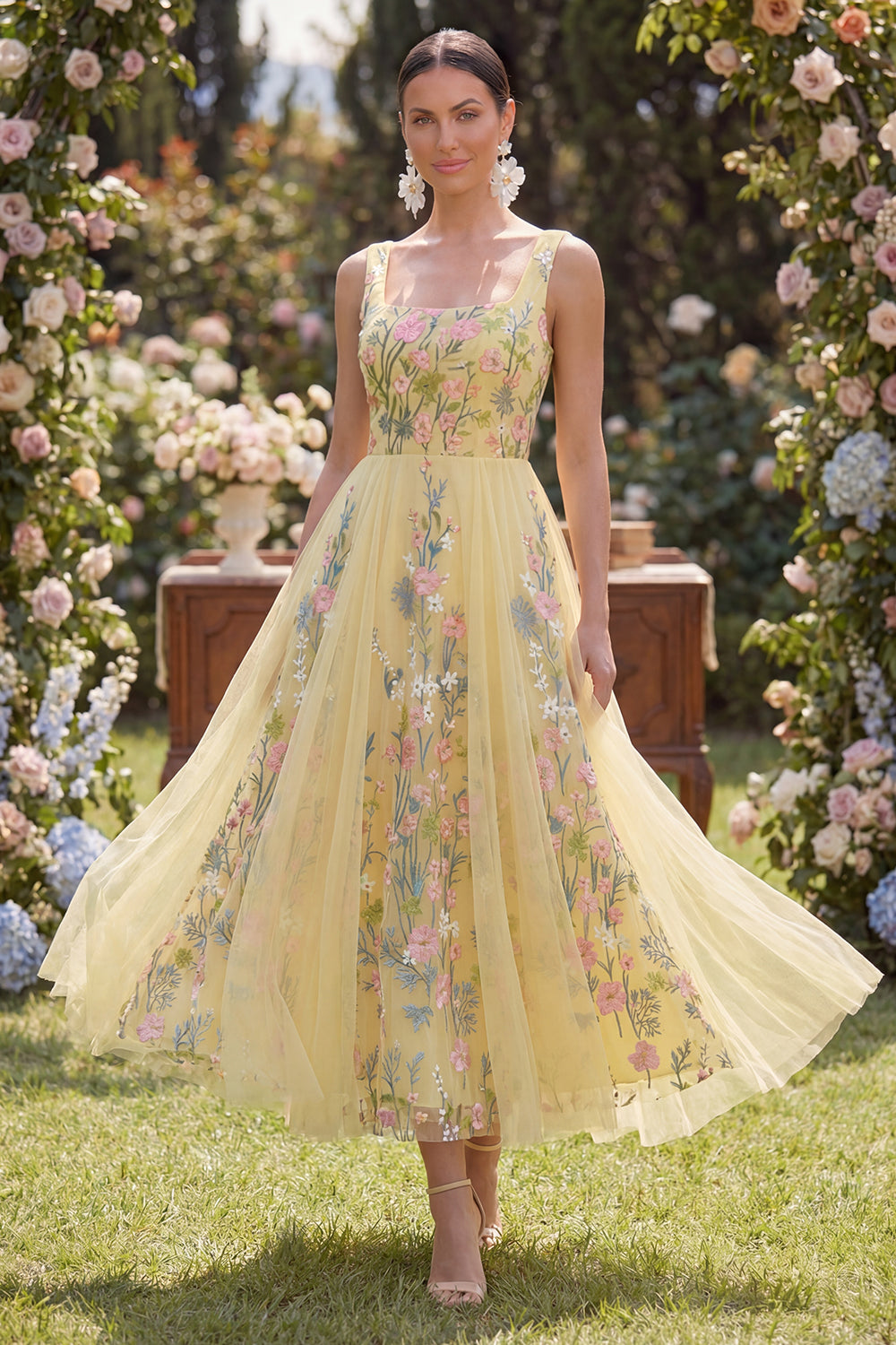 Square Neck Floral Butter Yellow A Line Maxi Wedding Guest Dress