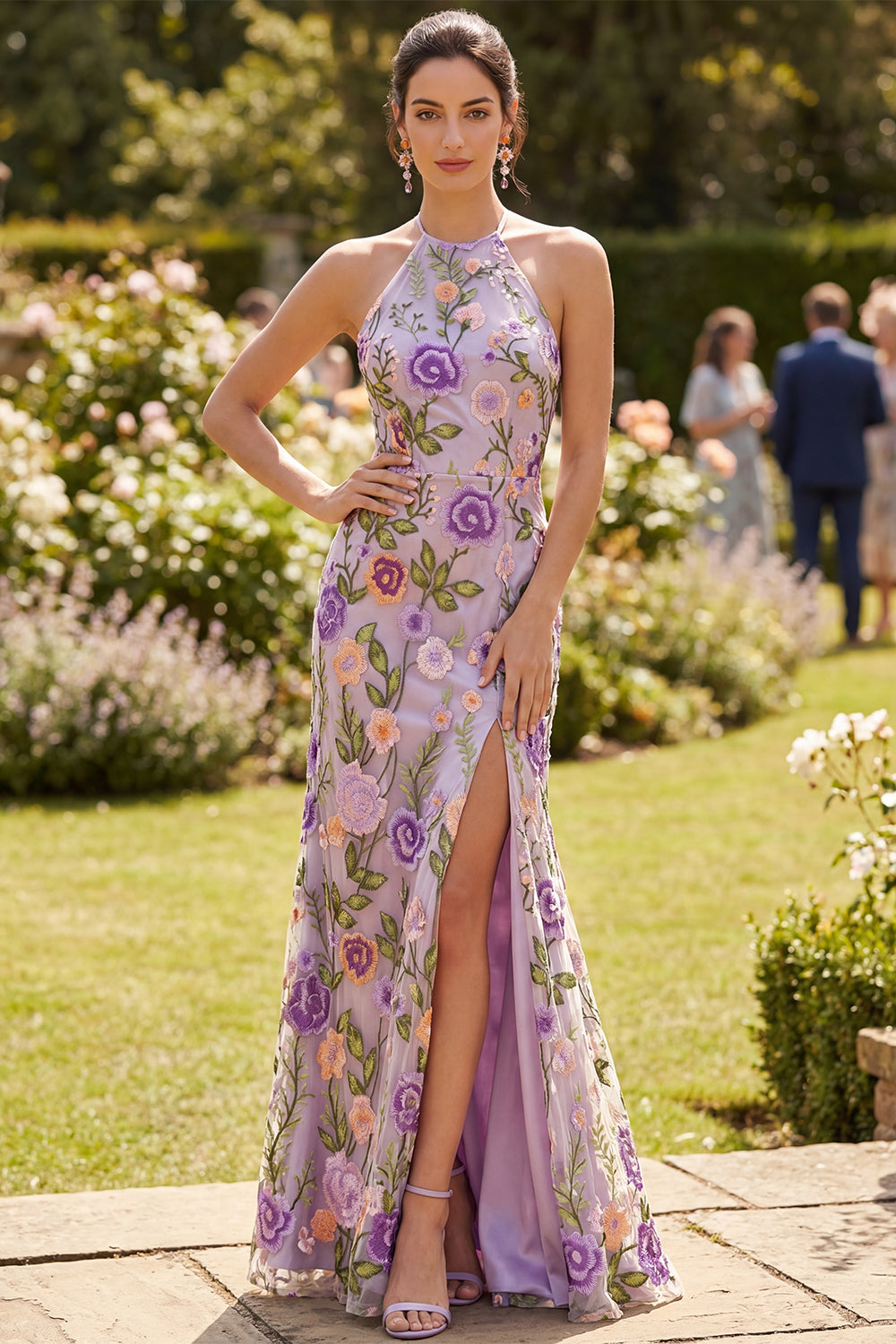 Sheath Halter Floral Lilac Open Back Maxi Wedding Guest Dress with Slit