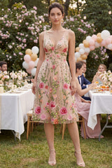 Ruched A Line Knee Length Floral Blush V-Neck Wedding Guest Dress