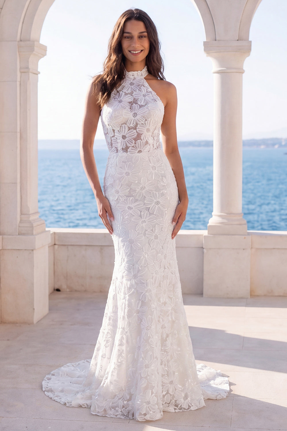 Halter Ivory Mermaid Floral Sweep Train Wedding Dress