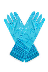 A pair of blue gloves with foil printed snowflakes.