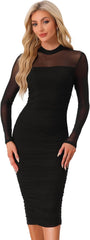 Allegra K Sheer Mesh Dress for Women 2026 Mock Neck Long Sleeve Ruched Elegant Cocktail Evening Party Bodycon Dresses