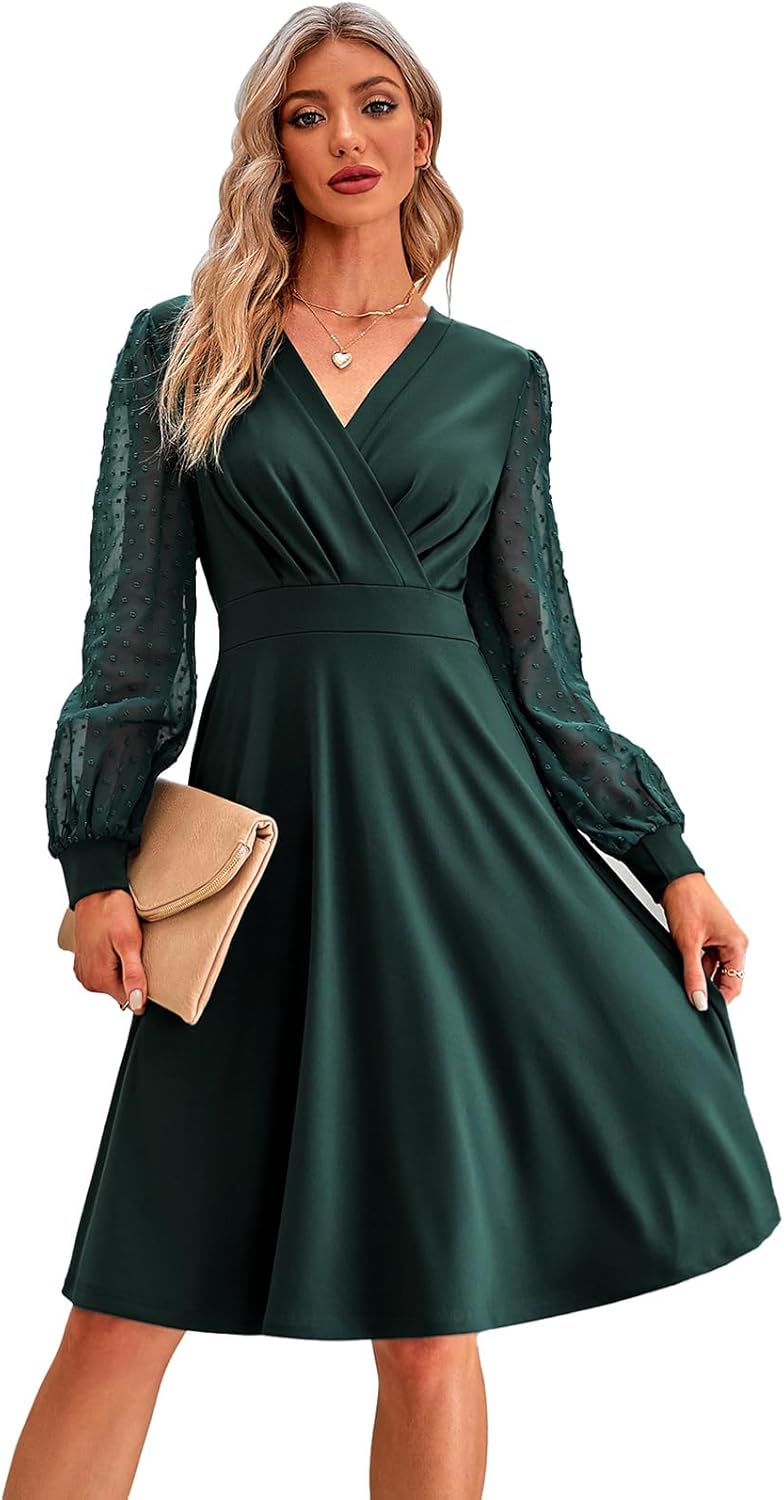 IKADEX Women Swiss Dot Bishop Long Sleeves V Neck A-line Cocktail Dress Winter Fall Wedding Guest Dresses