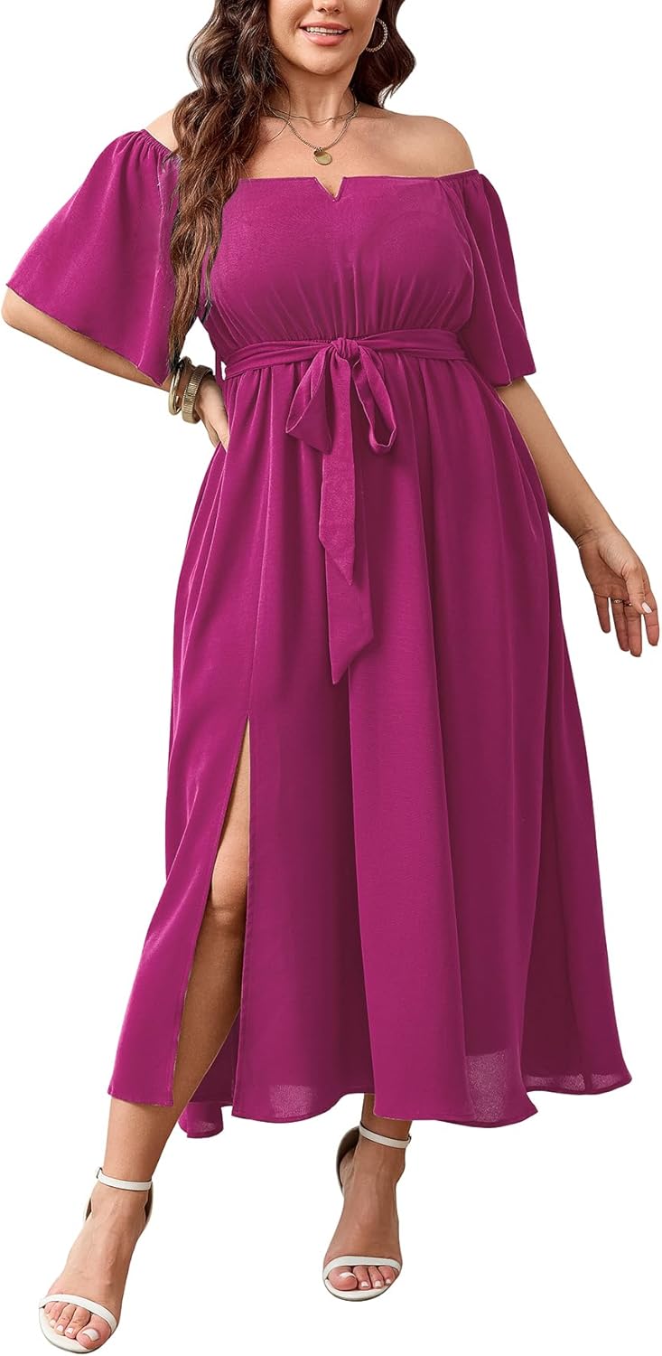 SCOMCHIC Womens Plus Size Formal Dresses Off The Shoulder Wedding Guest Cocktail A-Line Split Maxi Dress with Pockets