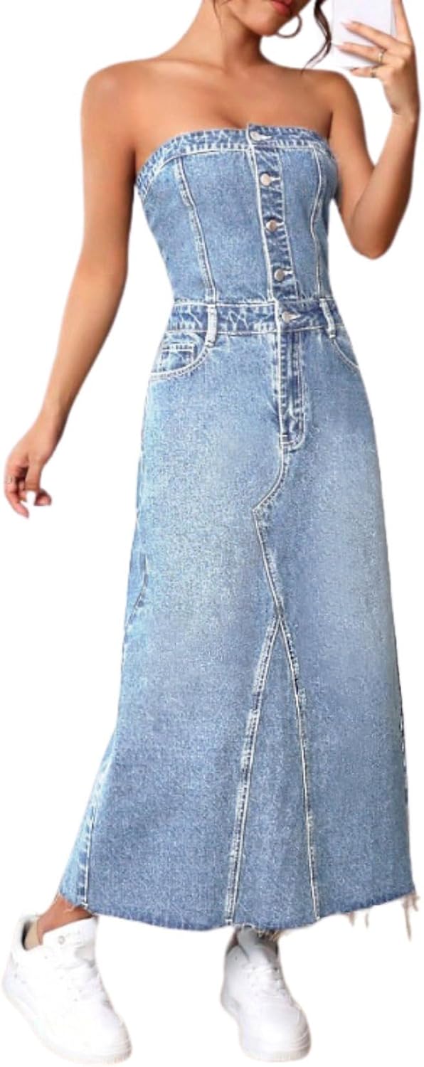 utcoco Denim Dress for Women Sexy Strapless Denim Tube Tops Back Smocked Jean Dresses for Women 2025