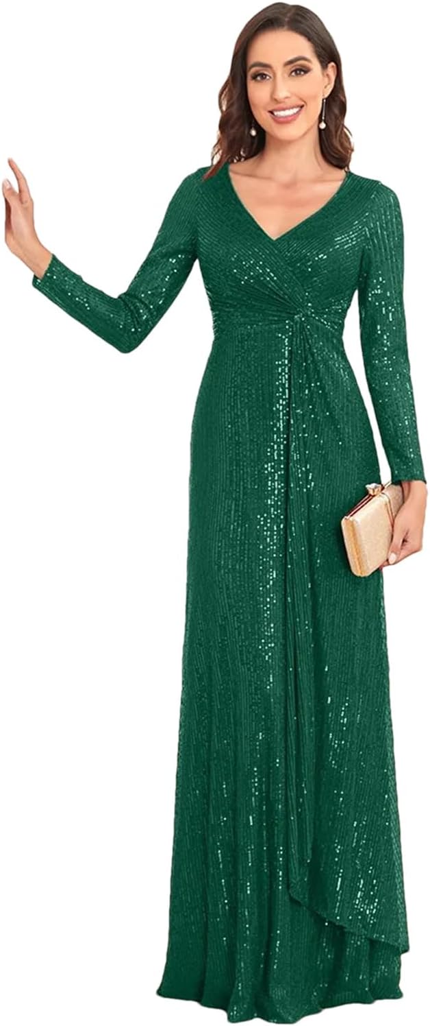 Long Sleeve V-Neck Evening Dress Women Wedding Party Sequins for Female Guests Red Prom Cocktail Dresses