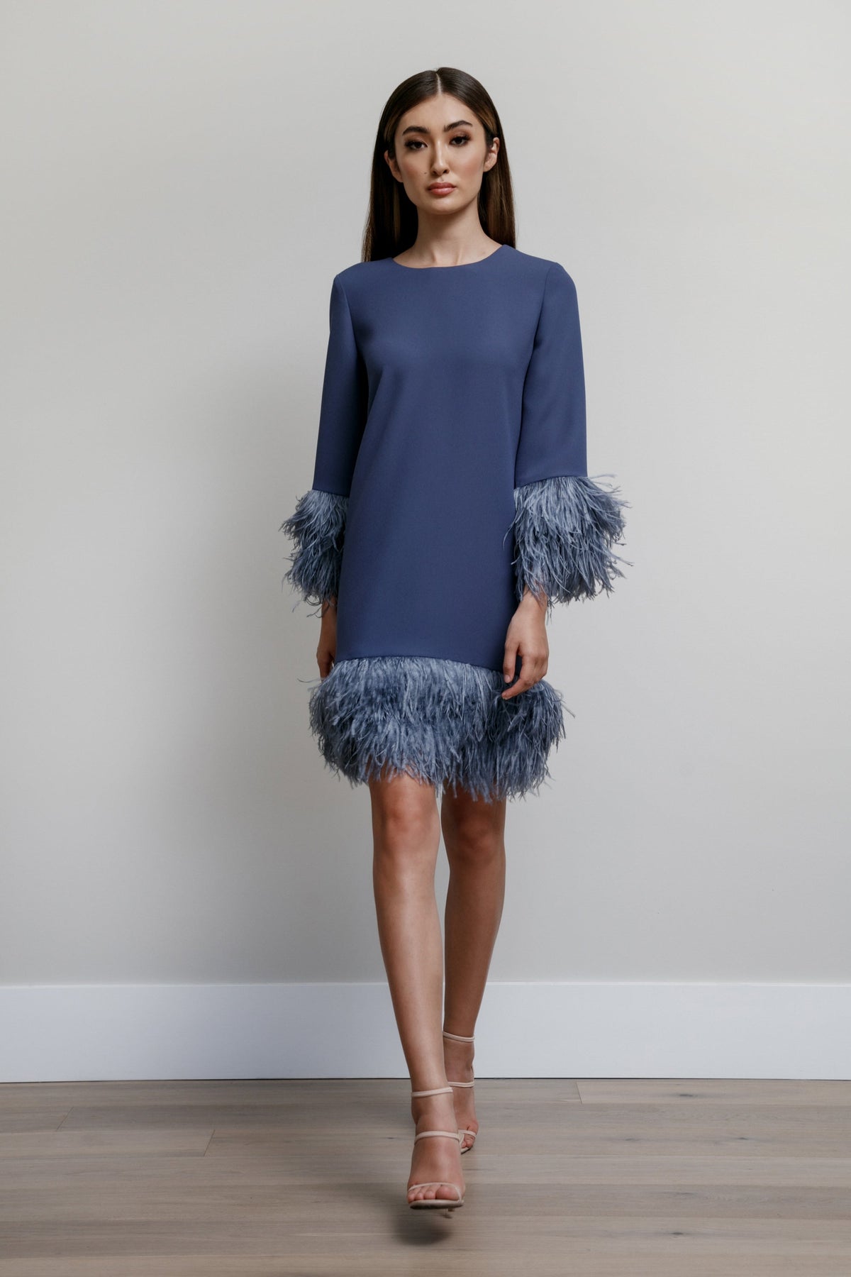 Jewel Neck Feather Trim Dress