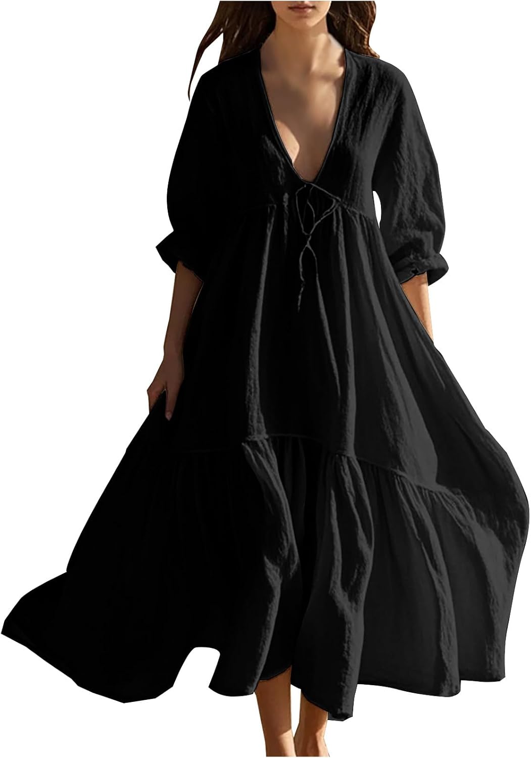 Women Spring Maxi Dresses Wedding Guest Trendy V Neck Dressy Casual A Line Flowy Cotton Linen Beach Long Dress