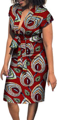 iooiooi African Dresses for Women V-Neck Knee-Length Casual Dress with Belt