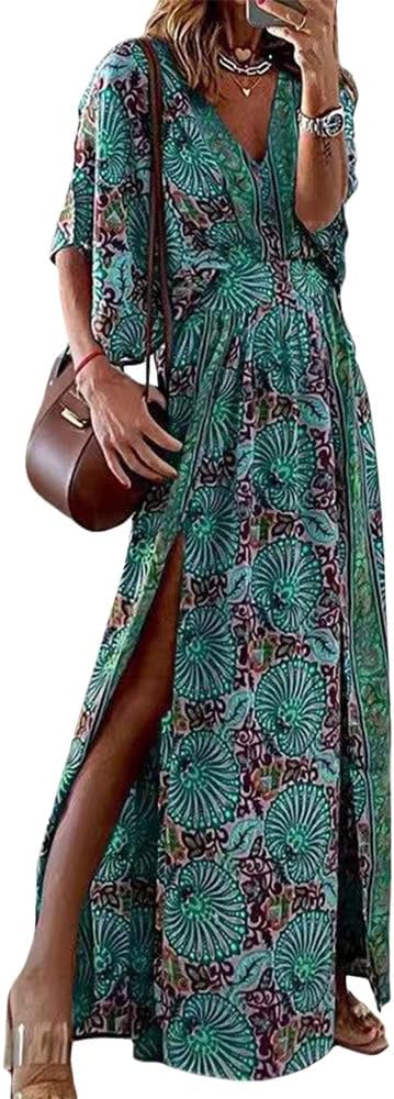 Womens Boho Floral Maxi Dress V Neck Half Bat Sleeve Elastic Waist Slit Swing Dress Casual Summer Flowy Beach Dresses