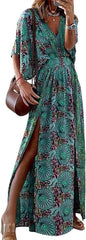 Womens Boho Floral Maxi Dress V Neck Half Bat Sleeve Elastic Waist Slit Swing Dress Casual Summer Flowy Beach Dresses