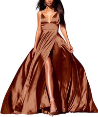 Women's Sexy Satin Deep V Neck Prom Dresses with High Split Maxi Cocktail Long Bridesmaid Dresses