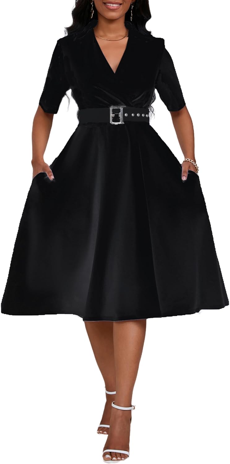 Women's Short Sleeve Midi Dress Elegant Lapel V Neck Office Dress Belted A Line Dress with Pockets
