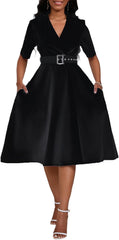 Women's Short Sleeve Midi Dress Elegant Lapel V Neck Office Dress Belted A Line Dress with Pockets