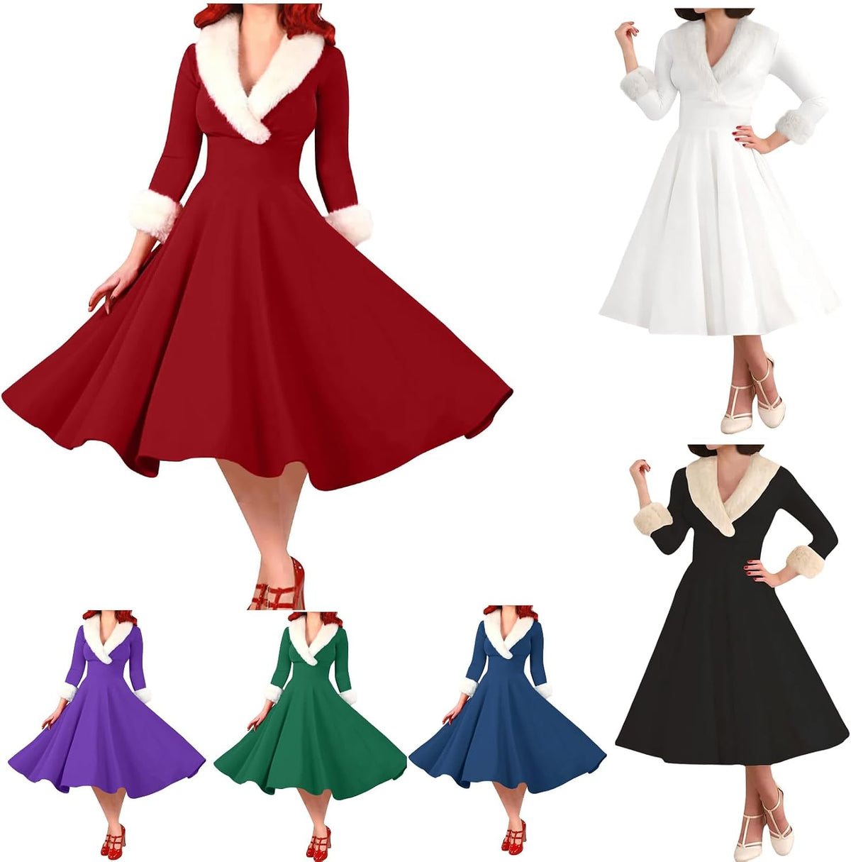 Lmdudan Women Elegant Christmas Dress Fuzzy V Neck Long Sleeve Dress Xmas Cocktail Dress Party Holiday Flowy Cocktail Dresses