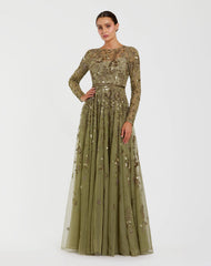 Green Long Sleeve Floral Embellished A-line Gown - Mac Duggal