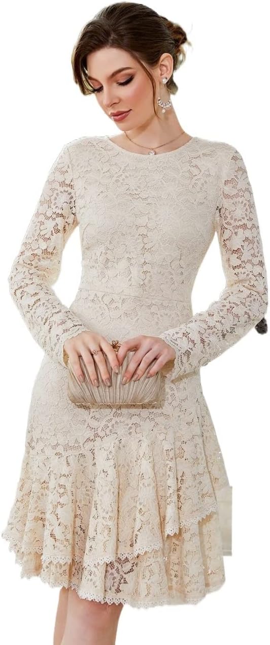 Neeno Women's Dresses Zip Back Layered Hem Lace Dress Dress for Women (Color : Beige, Size : Medium)