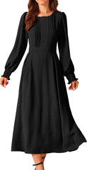 Seta T Women's Fall Dress Frilled Crewneck Long Sleeve A-Line Casual Midi Dresses with Pockets