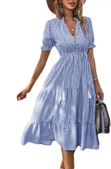 Women's Vertical Stripe Midi Dress V Neck Henley Puff Short Sleeve Beach Dress High Waisted Button Down Summer Dress