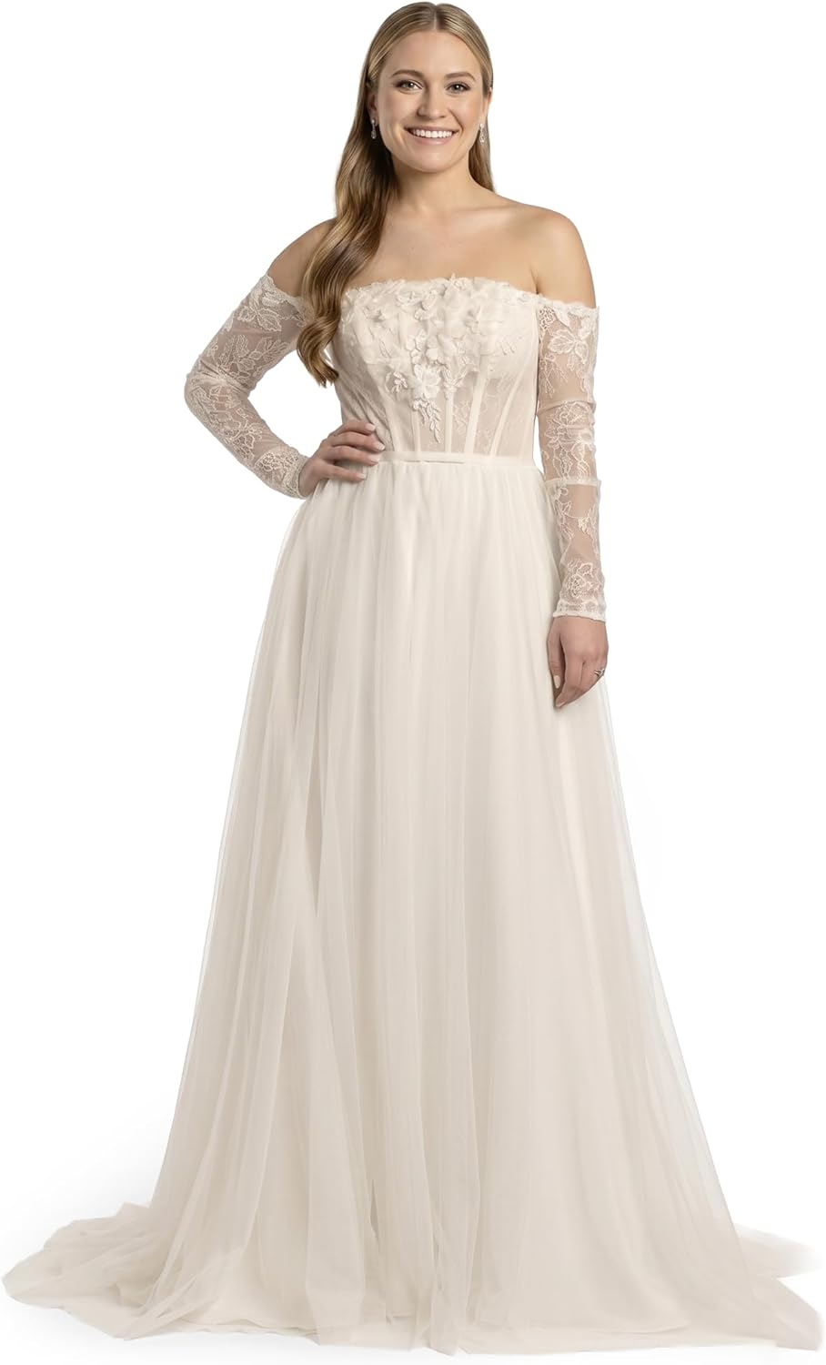 David's Bridal Off-The-Shoulder Tulle Corset A-Line Wedding Dress